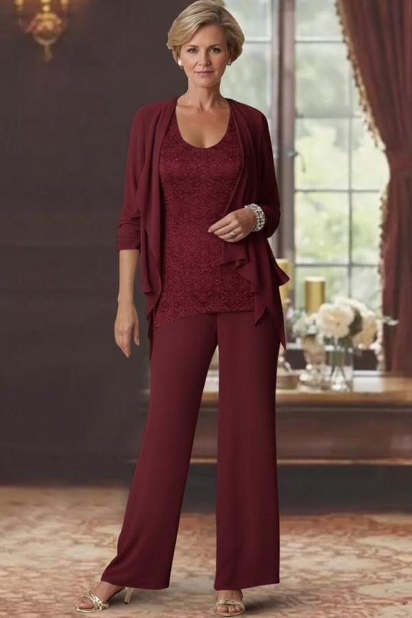 Silber Brautmutter Hosenanzug Chiffon Brautmutterkleider mit Spitze