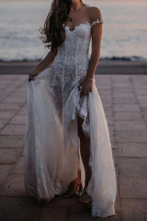 Boho Hochzeitskleider Strand A Linie Brautkleider Spitze Günstig