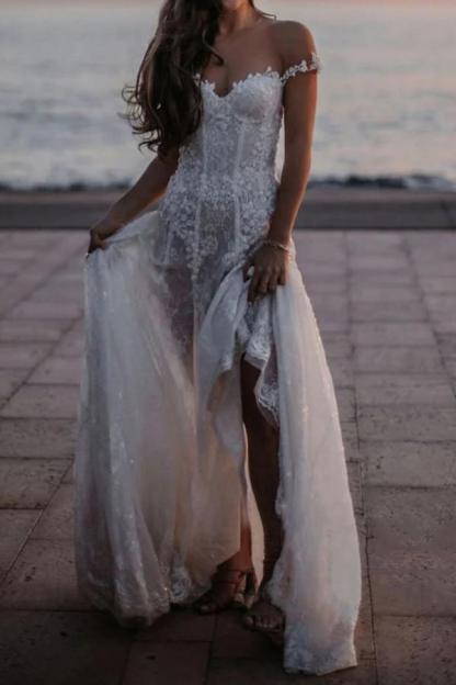 Boho Hochzeitskleider Strand A Linie Brautkleider Spitze Günstig