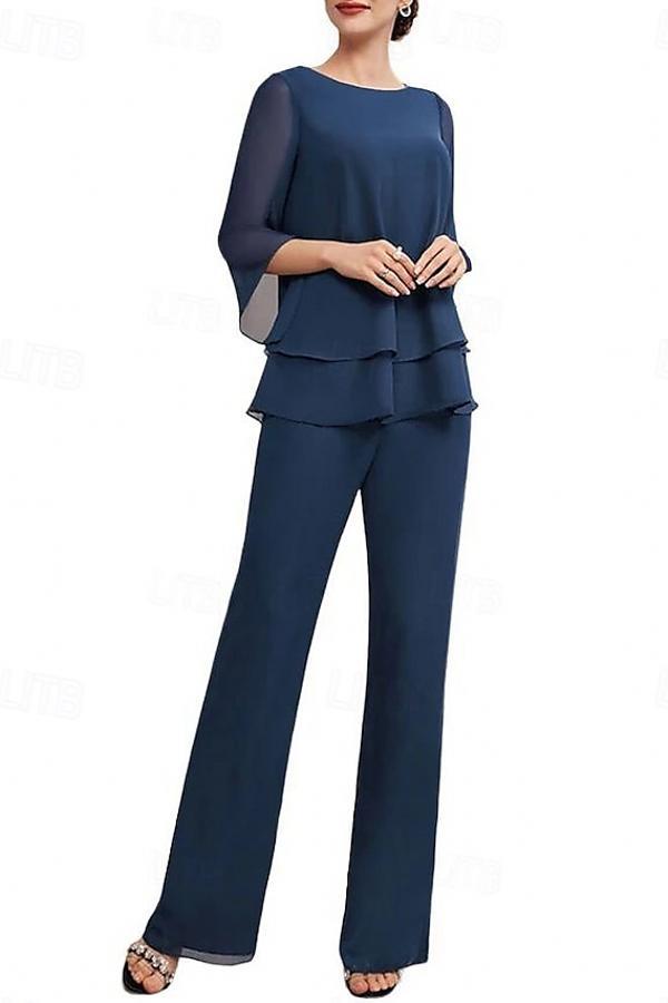 2 Teilige Himmel Blaue Chiffon Mutterkleider Lang Hosenanzug Brautmutter Online-babyonlinedressde