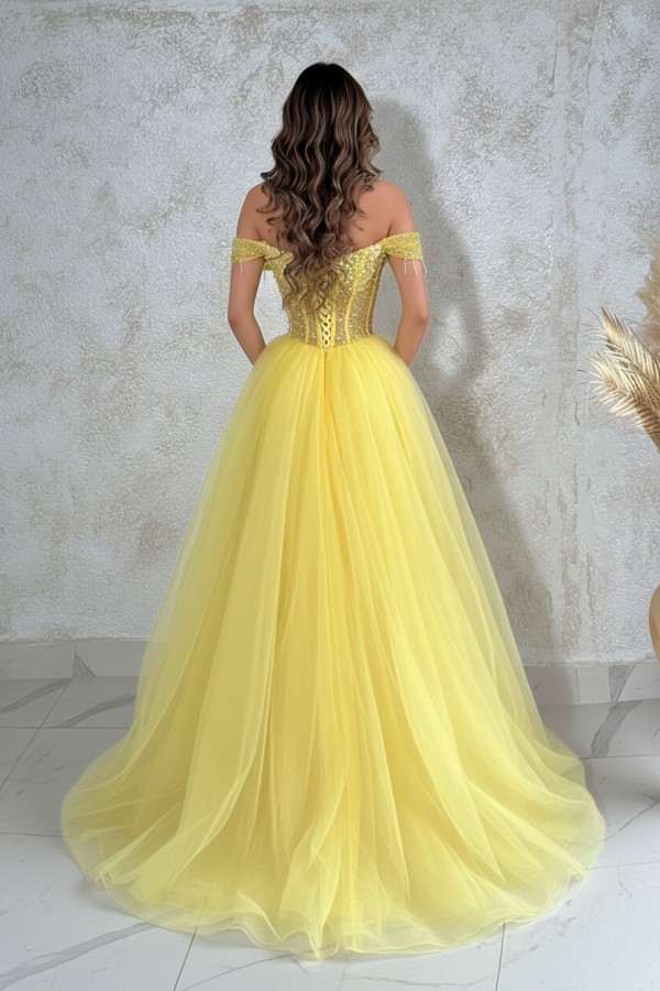 Gelb Abendkleider Lang Glitzer Tüll Festliche Kleider Ballkleider