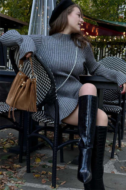 Pleated Knit Mock Neck Long Sleeve A-Line Slim Fit Sweater Mini Dresses-White