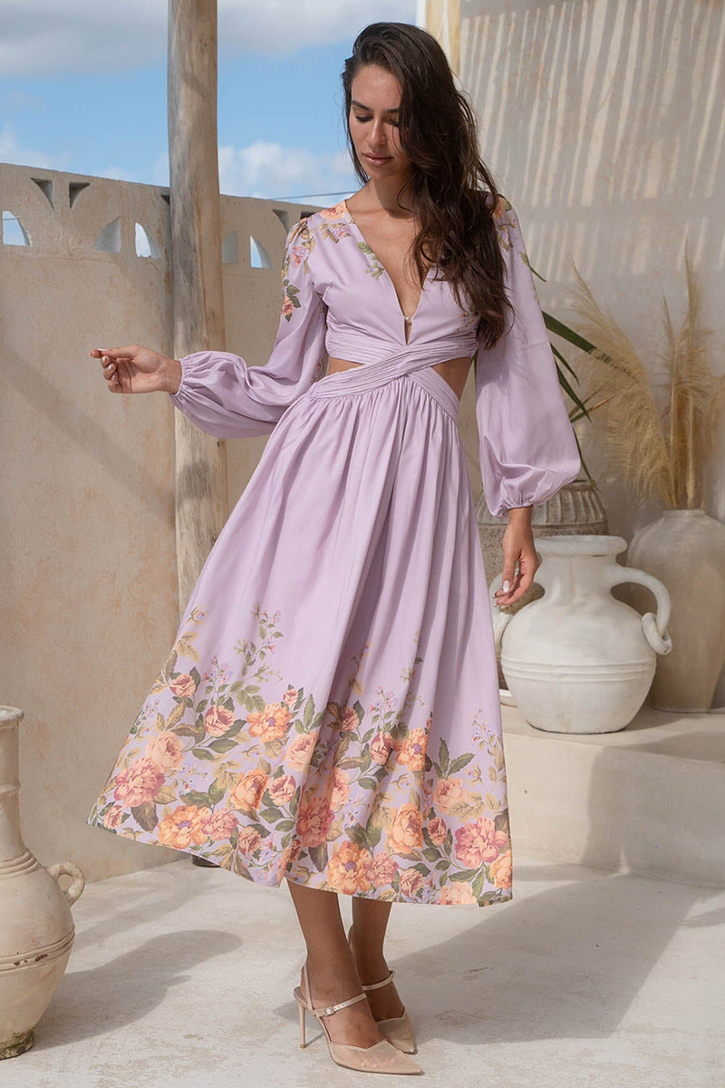 Deep V Neck Lantern Sleeve Cutout Floral Print Midi Dresses-Purple Pre Order