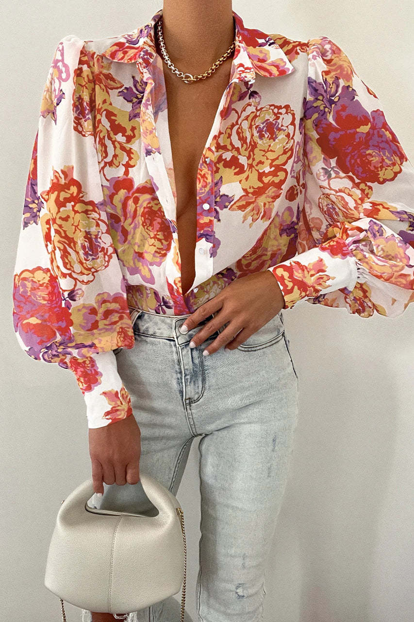 Print Sheer Puff Sleeves Blouse