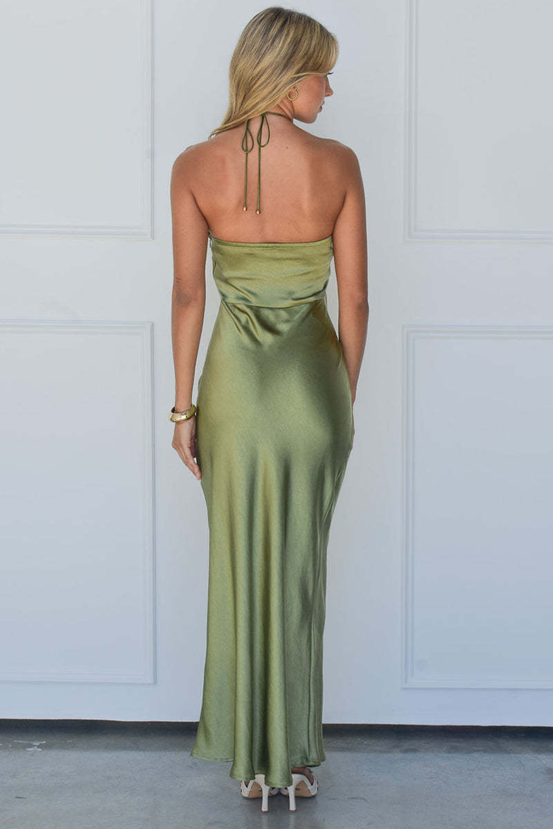 Halter Rosette Decor Open Back Slim Fit Satin Maxi Dresses-Green