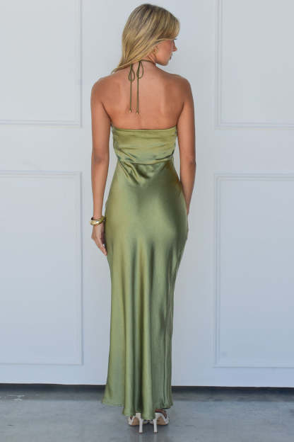 Halter Rosette Decor Open Back Slim Fit Satin Maxi Dresses-Green