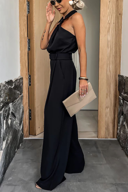 Sleeveless Turndown Collar Wide Leg Plain Jumpsuit-Khaki