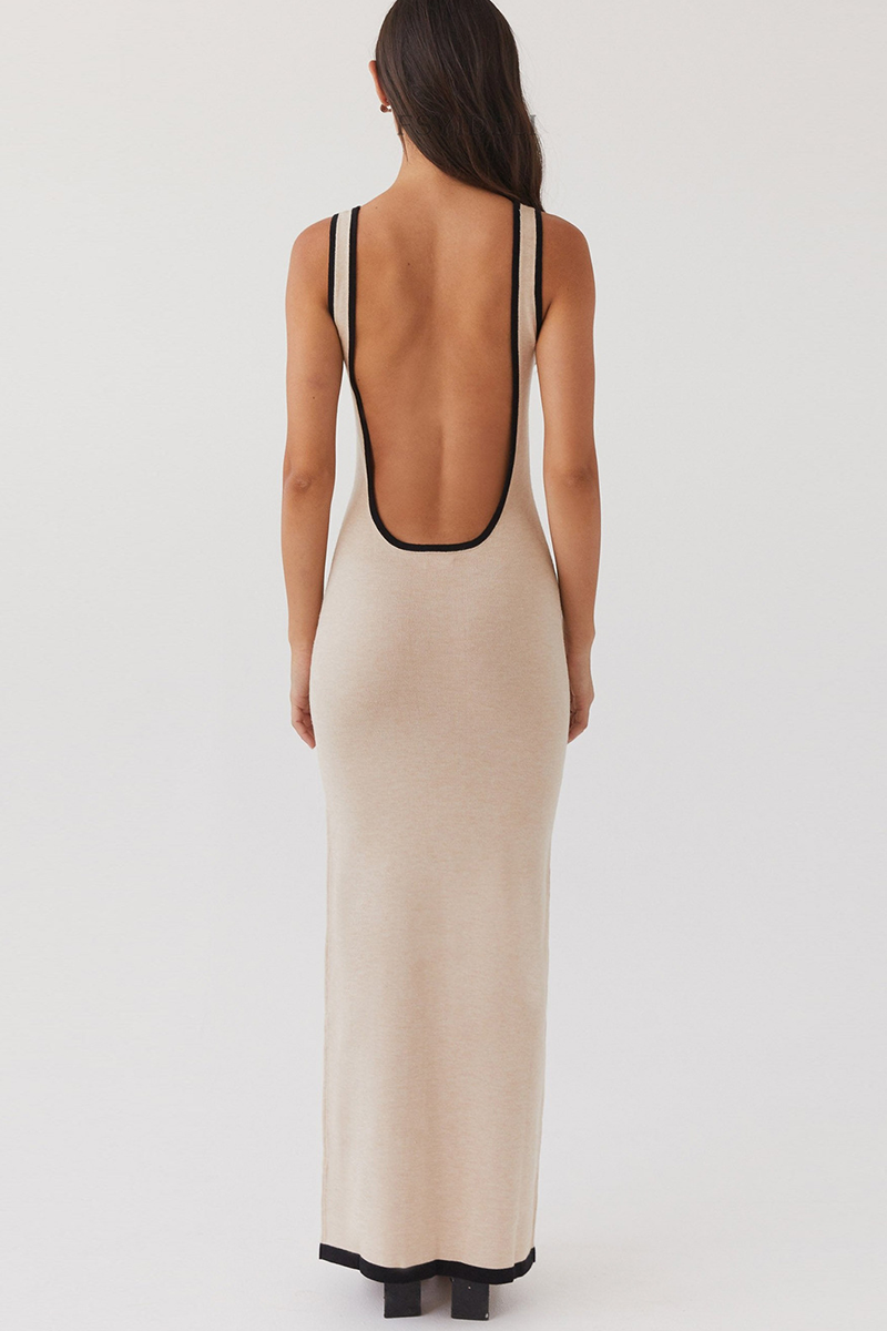 Knit Colorblock Trim Square Neck Cutout Slim Fit Backless Slip Maxi Dresses-Black
