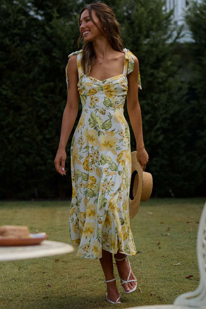 Floral Print Tied Strap Sleeveless Vacation Midi Dresses