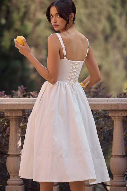 Spaghetti Strap Corset Lace Up Pocket Slit Midi Dresses-White