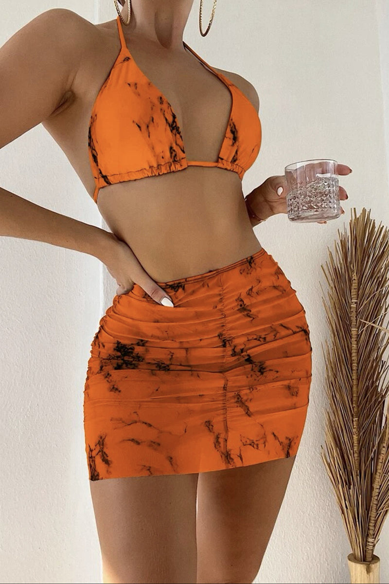 Halter Pattern Print Ruched Mini Skirt Bikini Three Pieces Set