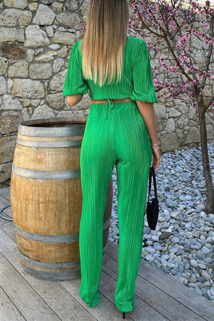 Haif Puffy Sleeve V Neck Tied Up Crop Top Straight Leg Pants Pleated Slim Matching Sets