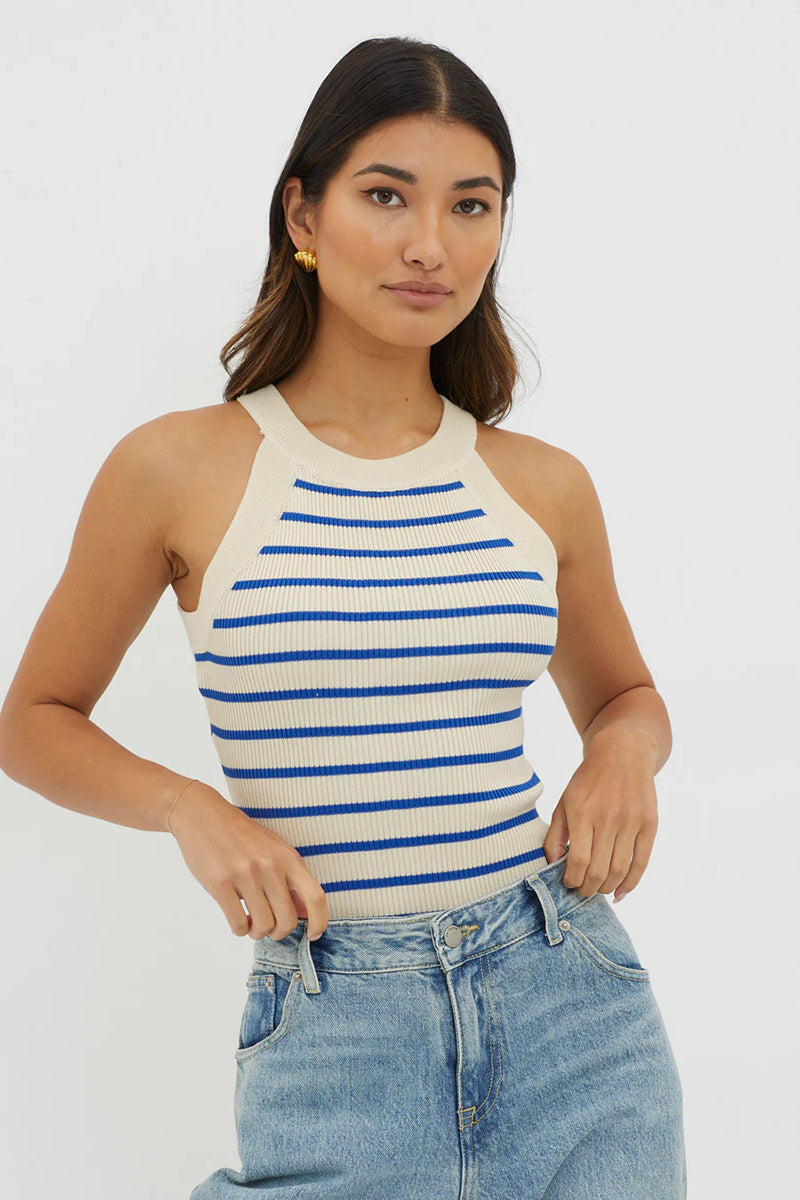 Casual Striped Print Slim Fit Ribbed Knit Tank Top-Blue