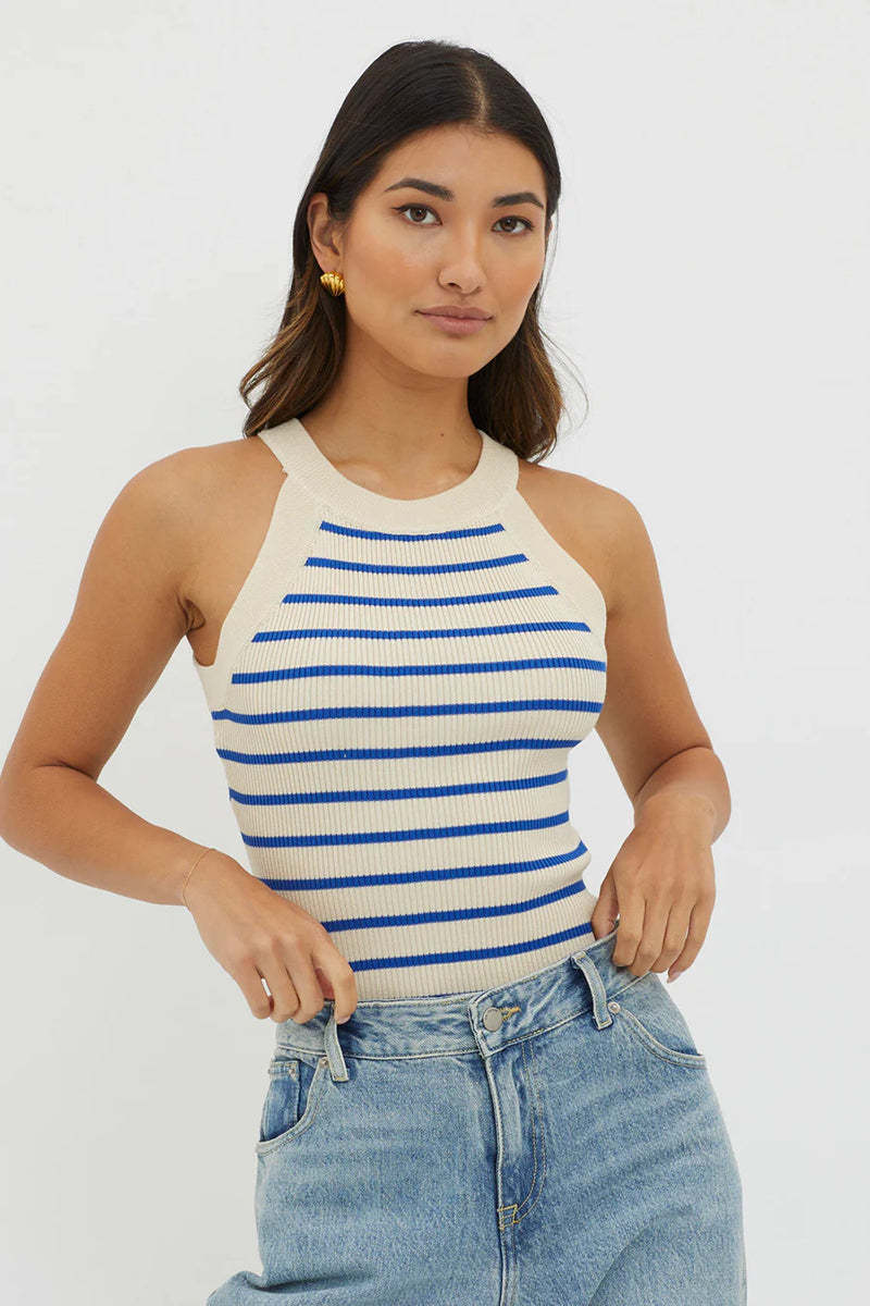 Casual Striped Print Slim Fit Ribbed Knit Tank Top-Blue
