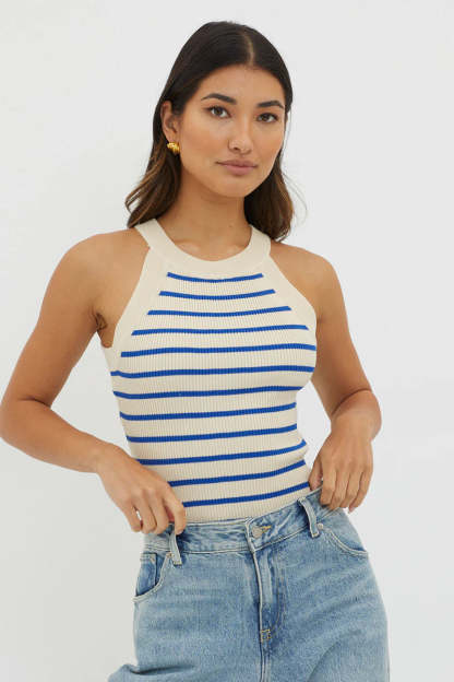 Casual Striped Print Slim Fit Ribbed Knit Tank Top-Blue