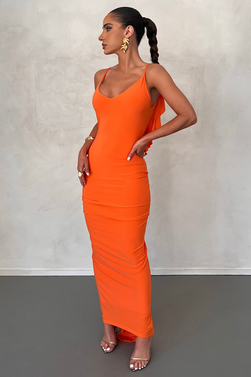 Ruffled Backless Plunge Slip Bodycon Party Maxi Dresses