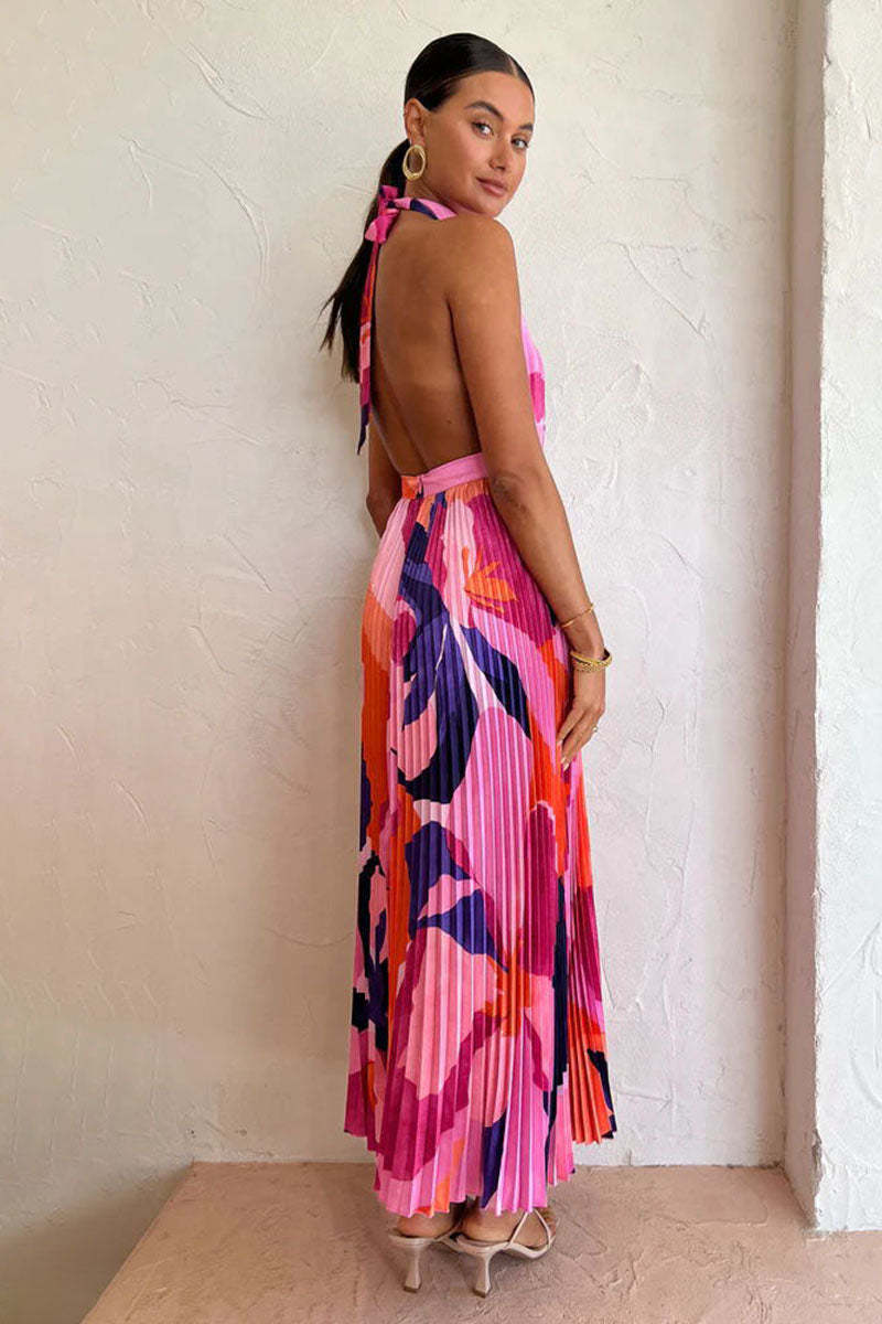 Halter Backless Floral Print Pleated Sleeveless Maxi Dresses