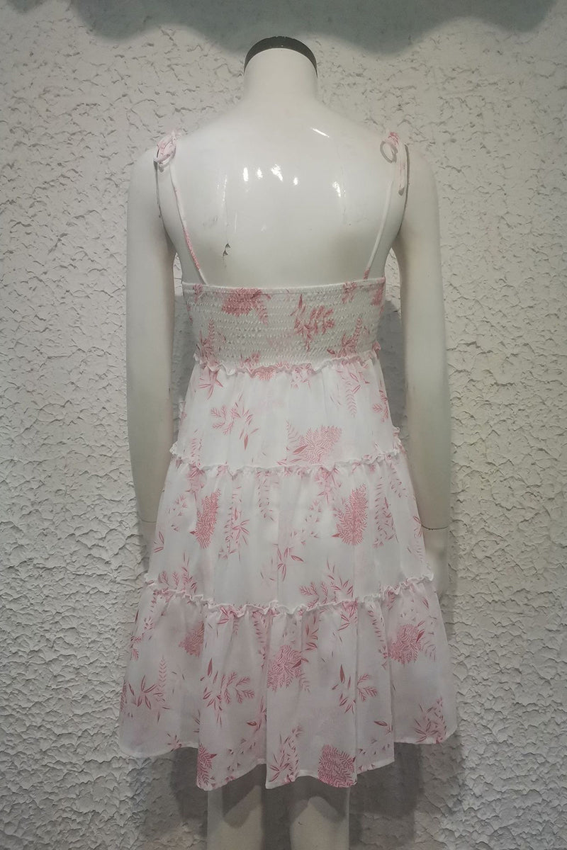 Floral Print Tied Up Cami Boat Neck Tiered Ruffle Backless Flowy Vacation Mini Dresses