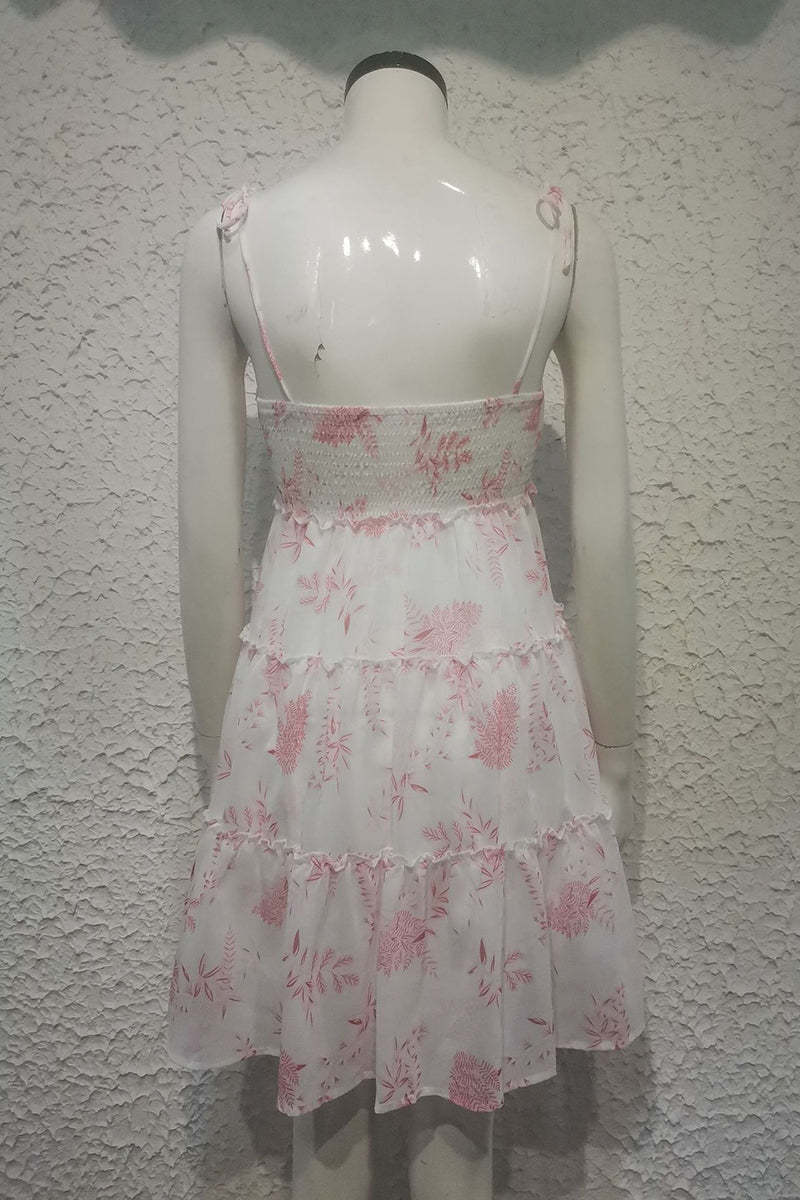 Floral Print Tied Up Cami Boat Neck Tiered Ruffle Backless Flowy Vacation Mini Dresses