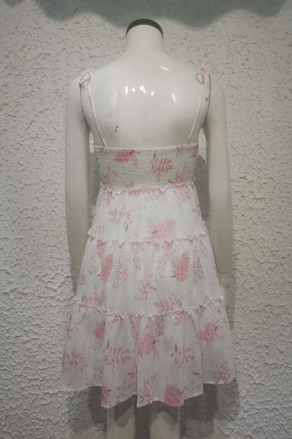 Floral Print Tied Up Cami Boat Neck Tiered Ruffle Backless Flowy Vacation Mini Dresses