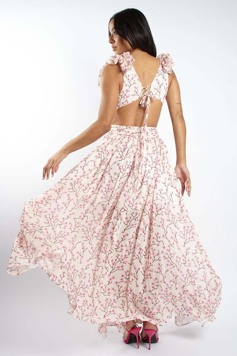 Deep V Neck Slim Ruffled Shoulder Backless Tied Up Cutout Floral Print Vacation Maxi Dresses