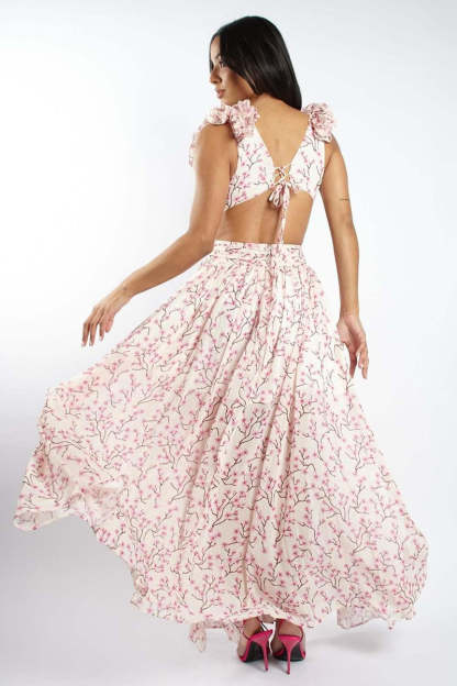 Deep V Neck Slim Ruffled Shoulder Backless Tied Up Cutout Floral Print Vacation Maxi Dresses