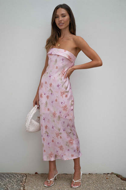 Backless Folded Bust Floral Print Satin Tube Maxi Dresses