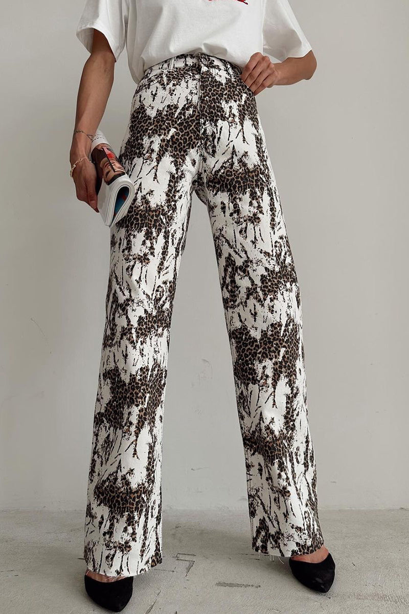 Leopard Print Pocket High Waist Straight-Leg Pants-White