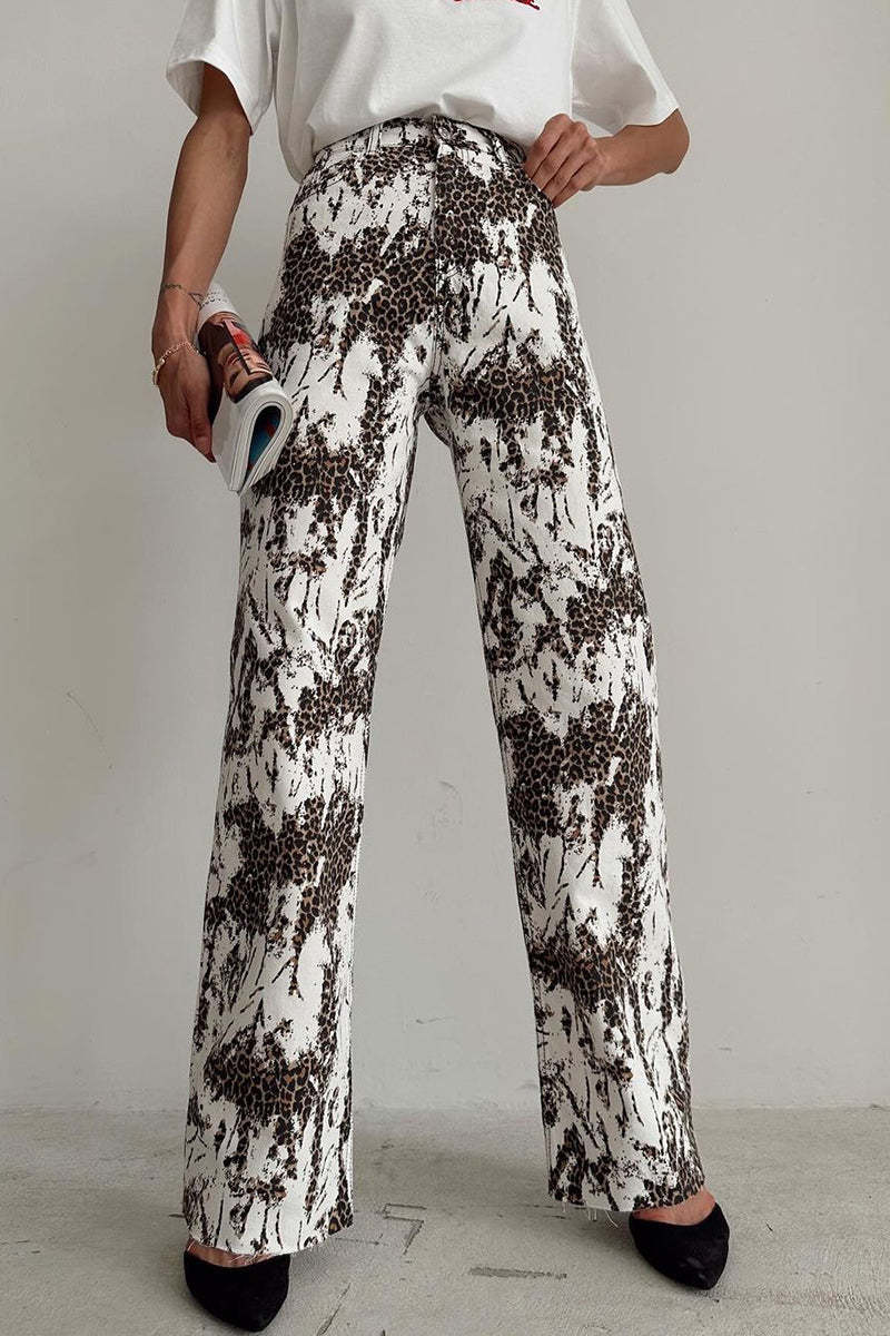 Leopard Print Pocket High Waist Straight-Leg Pants-White