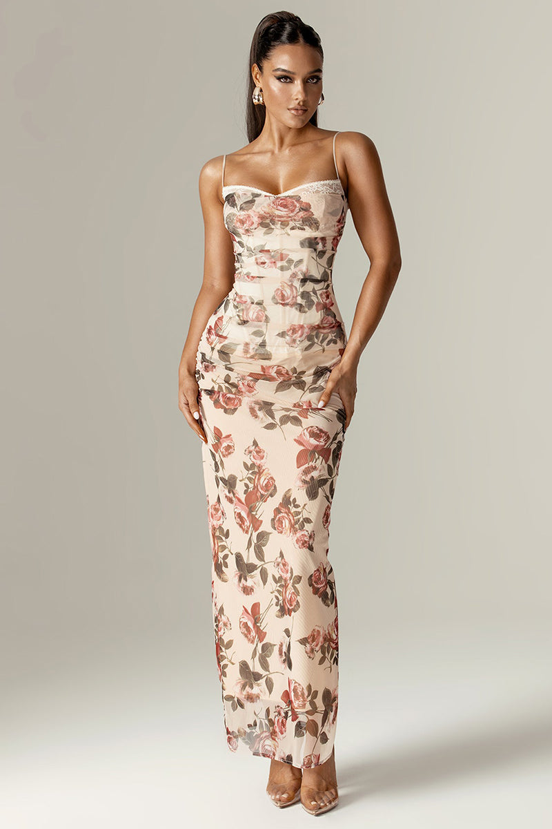 Floral Print Corset Wedding Guest Party Maxi Slip Dresses-Beige Pre Order