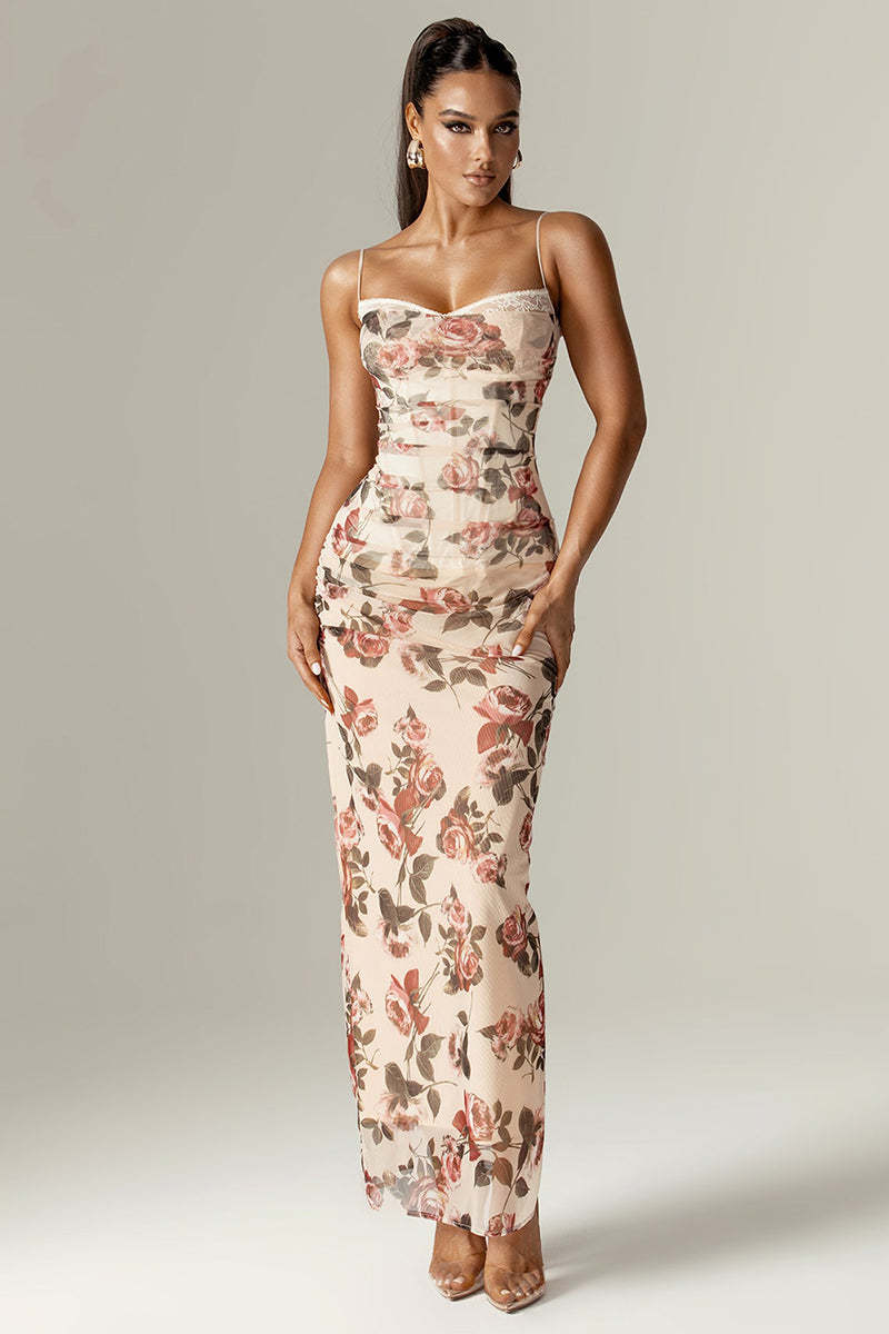 Floral Print Corset Wedding Guest Party Maxi Slip Dresses-Beige Pre Order