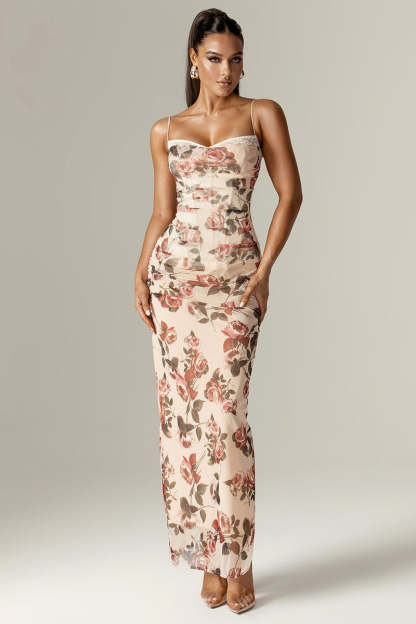 Floral Print Corset Wedding Guest Party Maxi Slip Dresses-Beige Pre Order