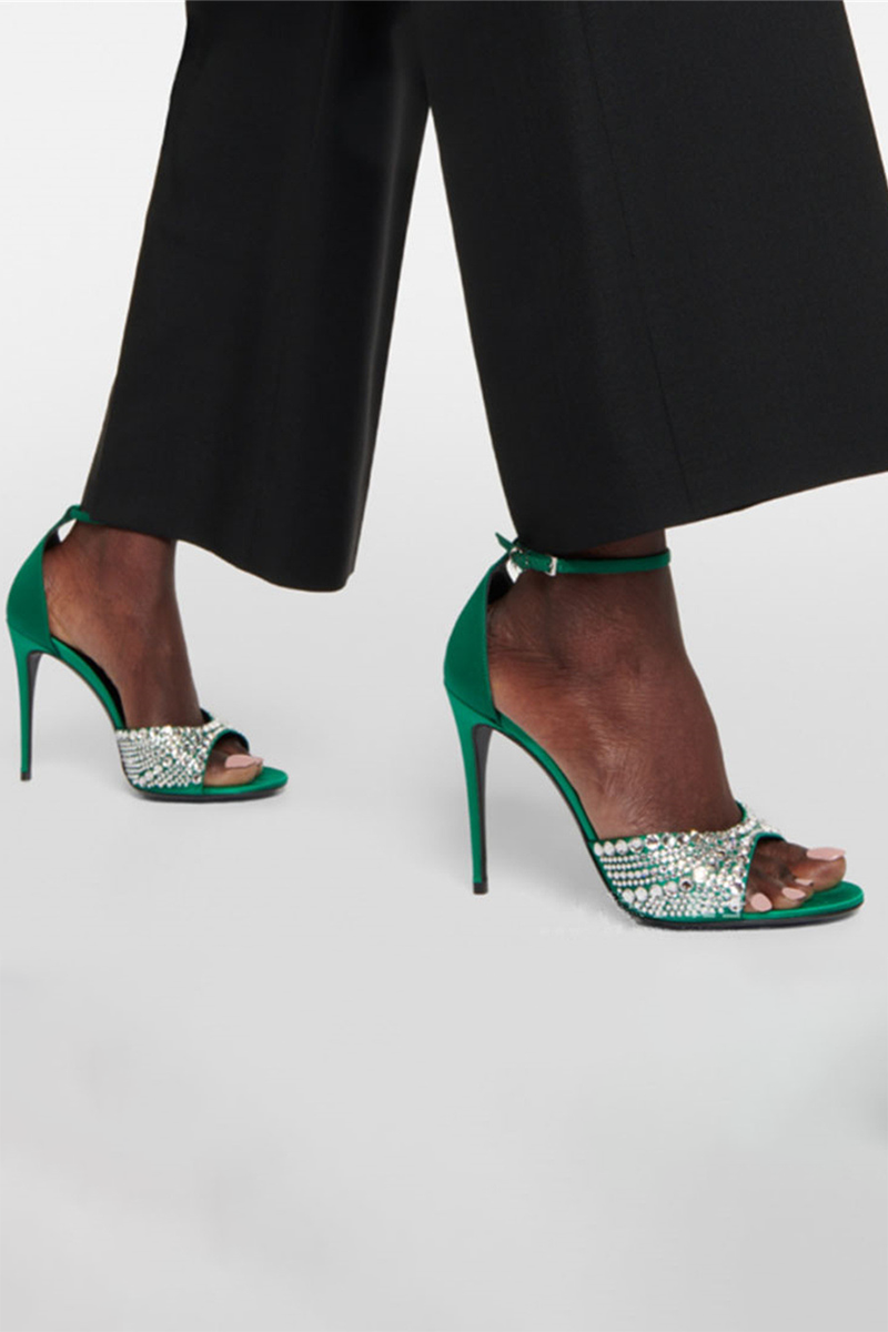 Peep-Toe Rhinestone Decor Ankle Strap Stiletto Heels-Fuchsia