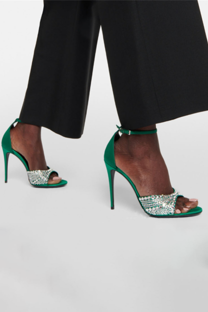 Peep-Toe Rhinestone Decor Ankle Strap Stiletto Heels-Fuchsia