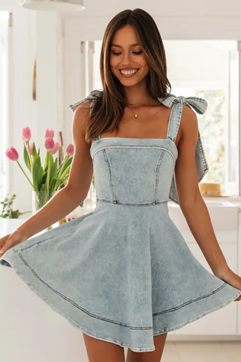Tied Up Bow Wide Straps A-Line Denim Mini Dresses-Blue