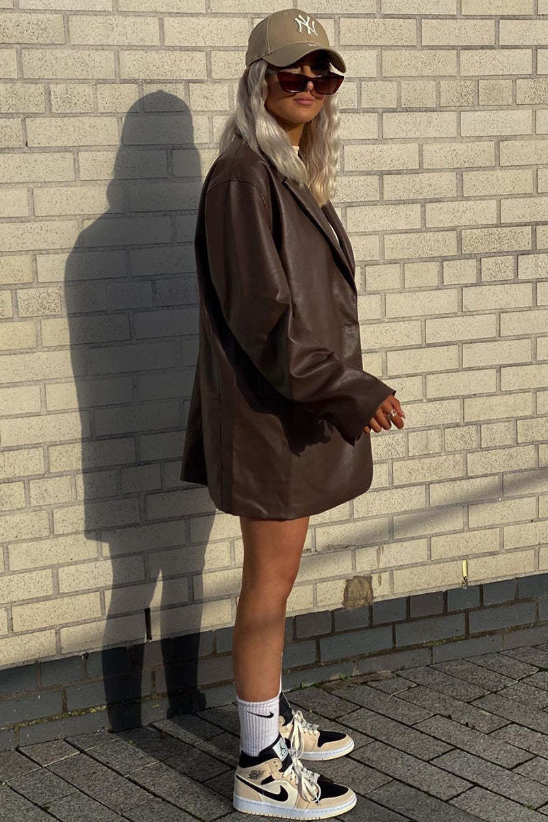 Faux Leather Casual Long Sleeve Blazer Coat