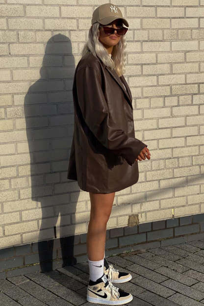 Faux Leather Casual Long Sleeve Blazer Coat