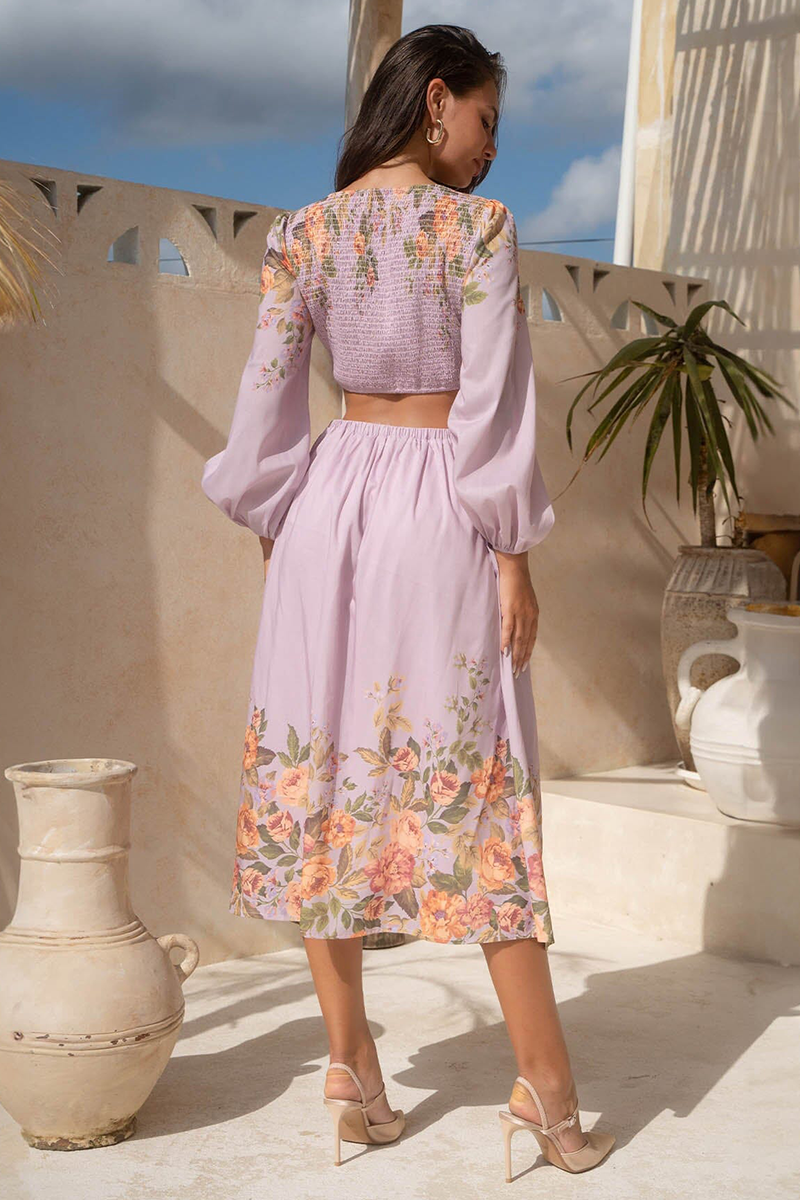 Deep V Neck Lantern Sleeve Cutout Floral Print Midi Dresses-Purple Pre Order