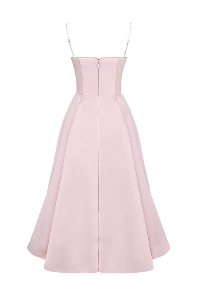 Elegant Cinch Waist Party Bridesmaid Tulle Layered Midi Slip Dresses-Pink