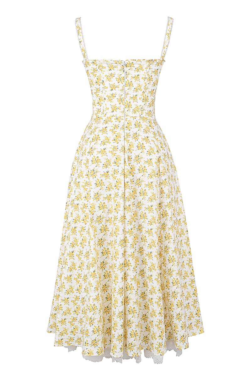 Ditsy Floral Print Cinch Waist Wide Strap Lace Trim Double-Layered Midi Dresses-Yellow