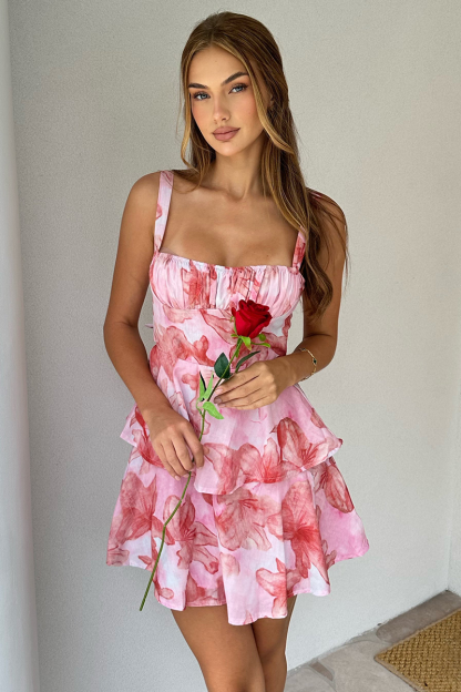 Floral Print Boat Neck Tie Up Backless Tiered Hem Slip Mini Dresses-Pink