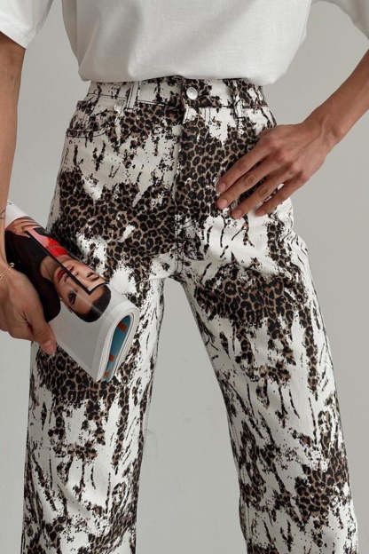 Leopard Print Pocket High Waist Straight-Leg Pants-White