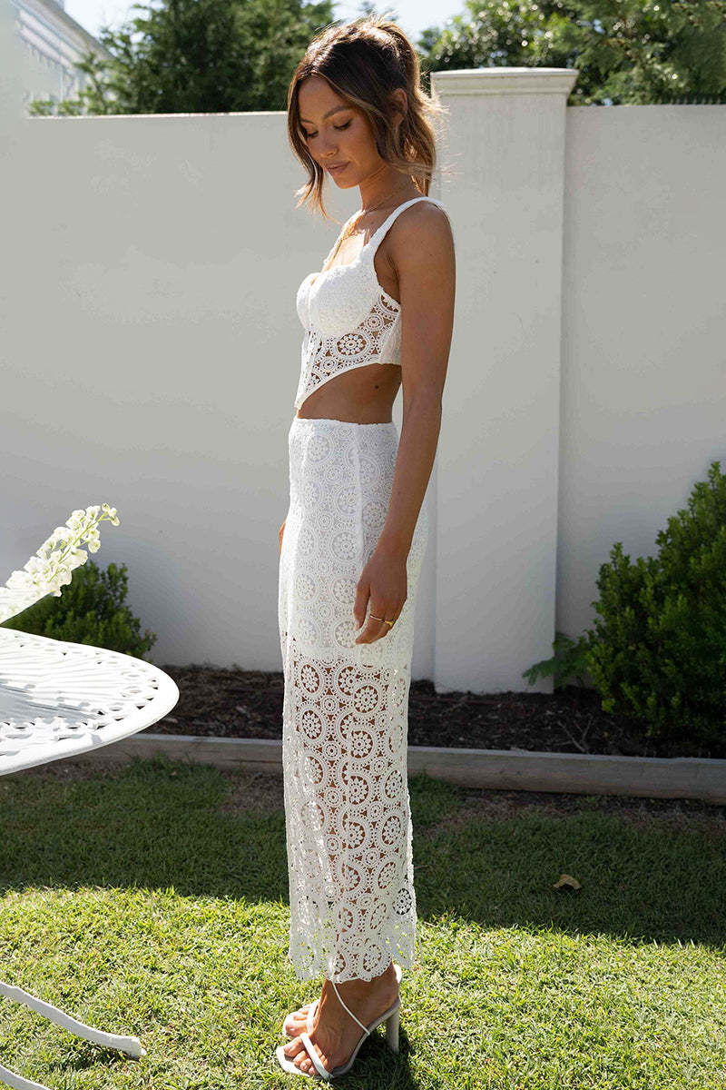 Lace Cami Corset Crop Top Fishtail Slit Midi Dress Vacation Matching Set