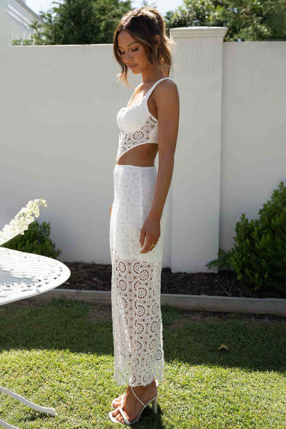 Lace Cami Corset Crop Top Fishtail Slit Midi Dress Vacation Matching Set