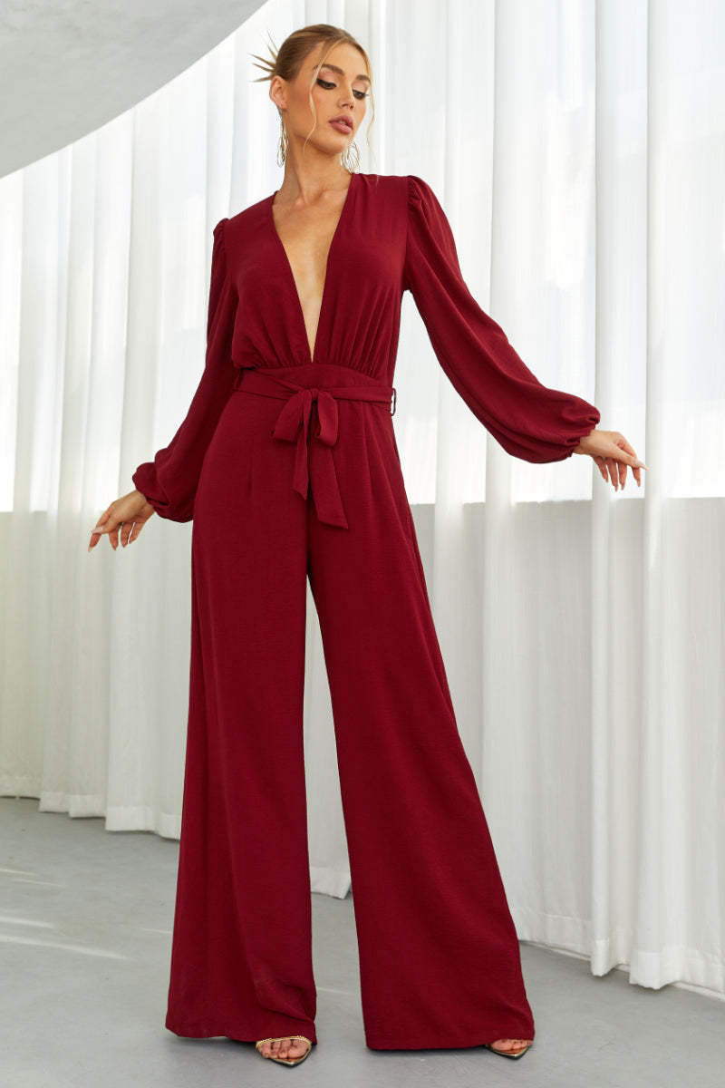 Deep V Neck Backless Wide Leg Jumpsuit