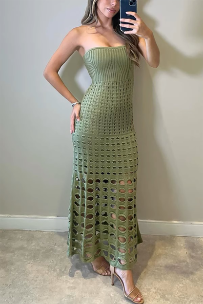 Knit Strapless Slim Fit Hollow Out Vacation Maxi Dresses-White