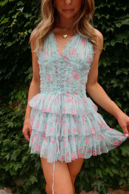 Floral Print Lace-Up V Neck Vacation Mini Tulle Dresses-Blue