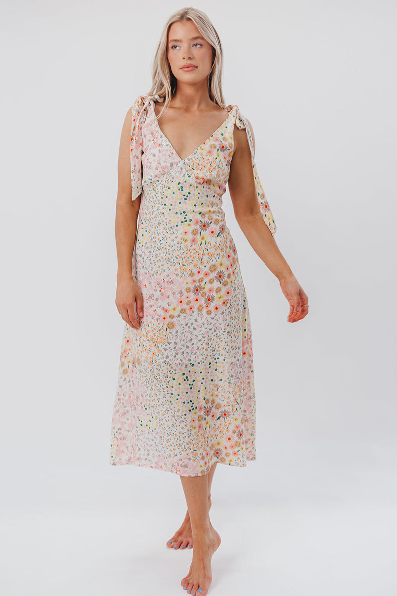 Floral Print V Neck Tied Up Sleeveless Midi Dresses-Beige Pre Order