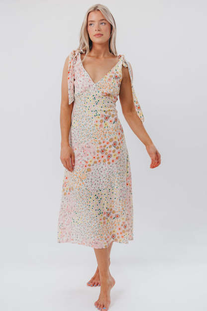 Floral Print V Neck Tied Up Sleeveless Midi Dresses-Beige Pre Order