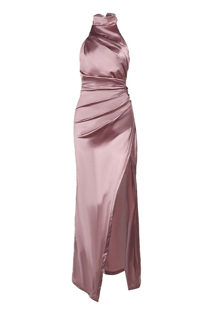 Satin High Neck Sleeveless Slim Fit High Slit Side Gowns Formal Party Maxi Dresses-Black